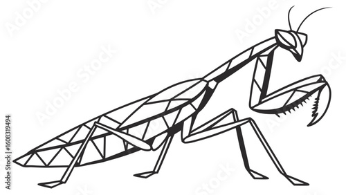 Geometric Praying Mantis Line Art. Abstract Black and White Insect Illustration with Polygonal Details. Nature Wildlife Vector Design Element.