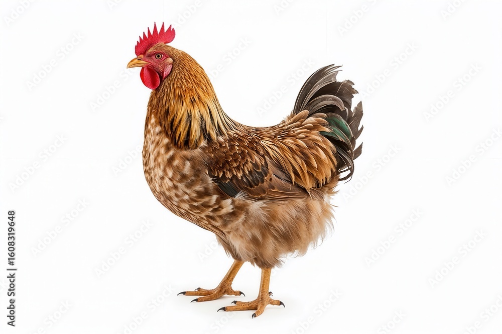 Fototapeta premium Brown and golden rooster stands proudly on a white background. Its vibrant plumage shines in the light.
