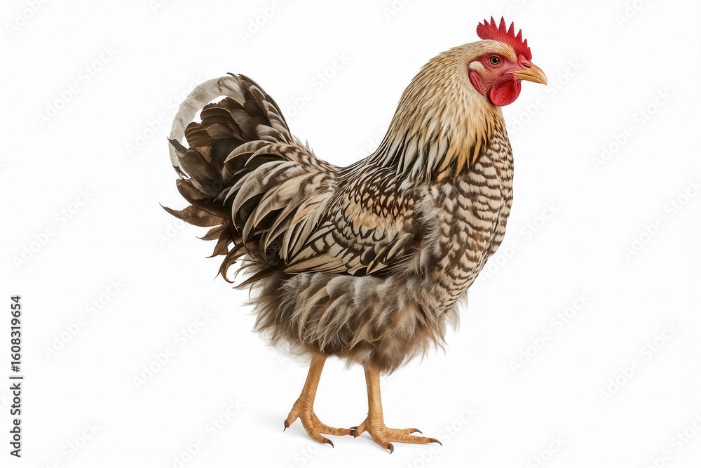 Fototapeta premium Majestic rooster with vibrant plumage, standing proudly against a clean white background. Farm fresh!
