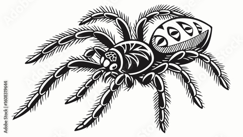 Detailed Black and White Spider Illustration with Hairy Legs and Intricate Body Patterns on White Background