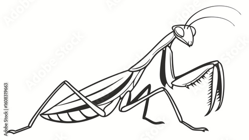 Elegant Praying Mantis Line Art Illustration - Simple Black and White Insect Drawing for Nature and Educational Projects