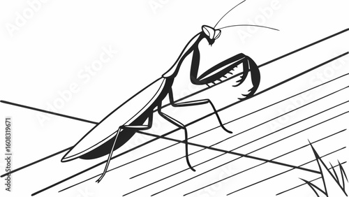 Elegant Praying Mantis Line Art Illustration in Black and White, Detailed Insect Drawing for Nature and Wildlife Concepts