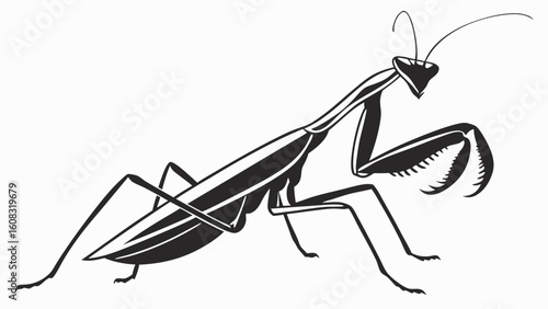 Elegant Black and White Praying Mantis Illustration. Detailed Insect Vector Art for Nature, Biology, and Design Projects. Isolated on White.