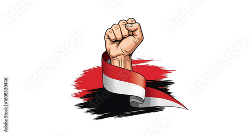 An illustration of a powerful clenched fist breaking through a red and white background, symbolizing revolution.