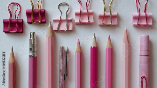 Pink pencils and clips on white table 