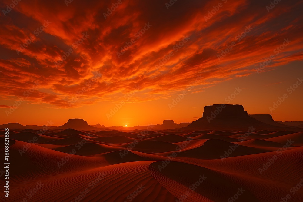 Naklejka premium Desert Landscape Sunset with Sand Dunes and Rock Formations