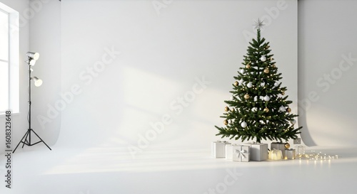 Studio Christmas Tree Photography Minimalist White Background, Elegant Decor, Festive Season