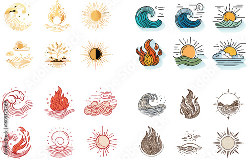 Four elements icons in various graphic styles eps