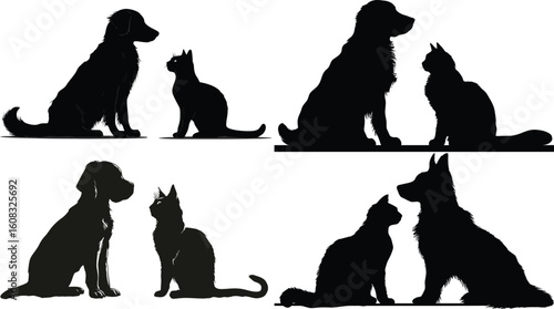 Silhouetted dog and cat sit together calmly eps