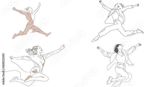 Line art shows women jumping with joy eps