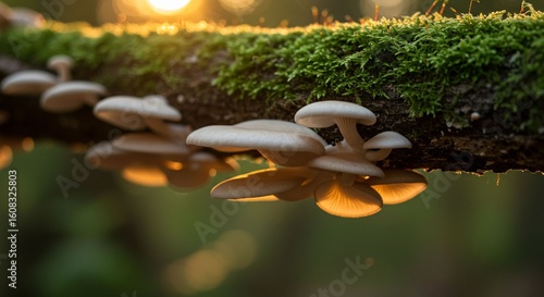 Oyster mushrooms growing on a moss covered branch at sunset fungus fungi
