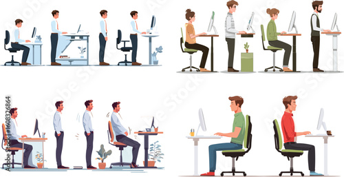 Ergonomic workstation shows correct posture examples eps