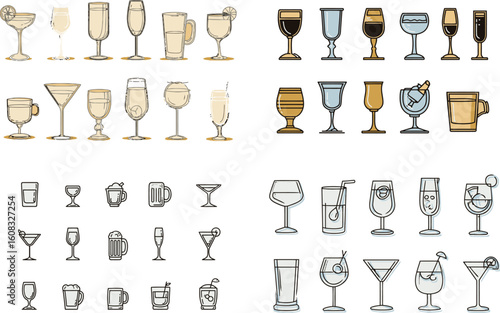 Assorted drink glasses line art vector collection eps