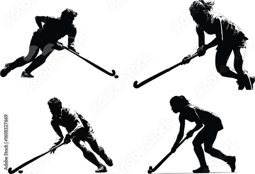 Field hockey players in action silhouettes eps