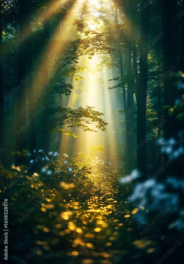 Obraz premium Enchanting forest scenery featuring sunbeams filtering through lush green foliage