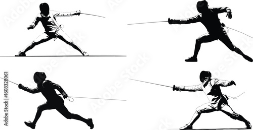 Fencer in action, striking pose with sword eps