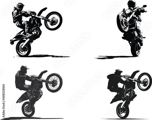 Motorbike stunt silhouette, wheelie action design eps