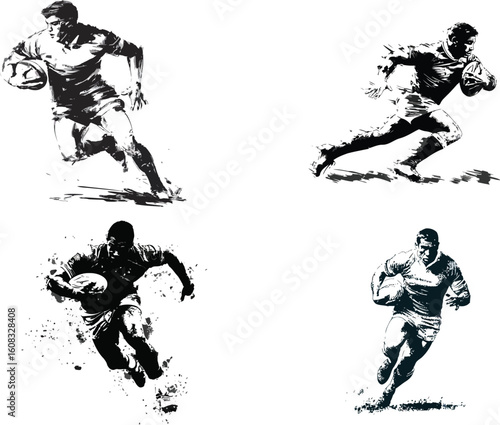 Rugby players run with the ball in black ink eps