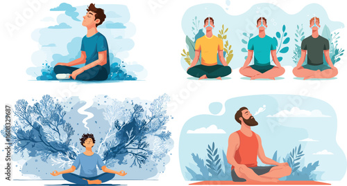 Meditating people in lotus position vector art eps