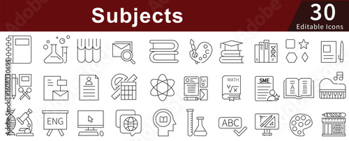 Subjects Line Icons Set with Editable Stroke for Education, Academic, School, and Learning Topics