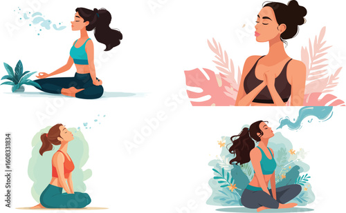 Meditating women breathe deeply in yoga poses eps