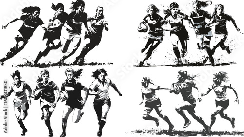 Women playing rugby in monochrome illustration eps