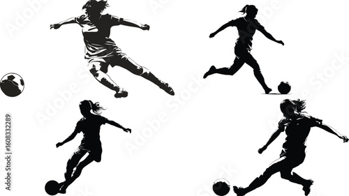 Female soccer players kicking a ball silhouettes eps