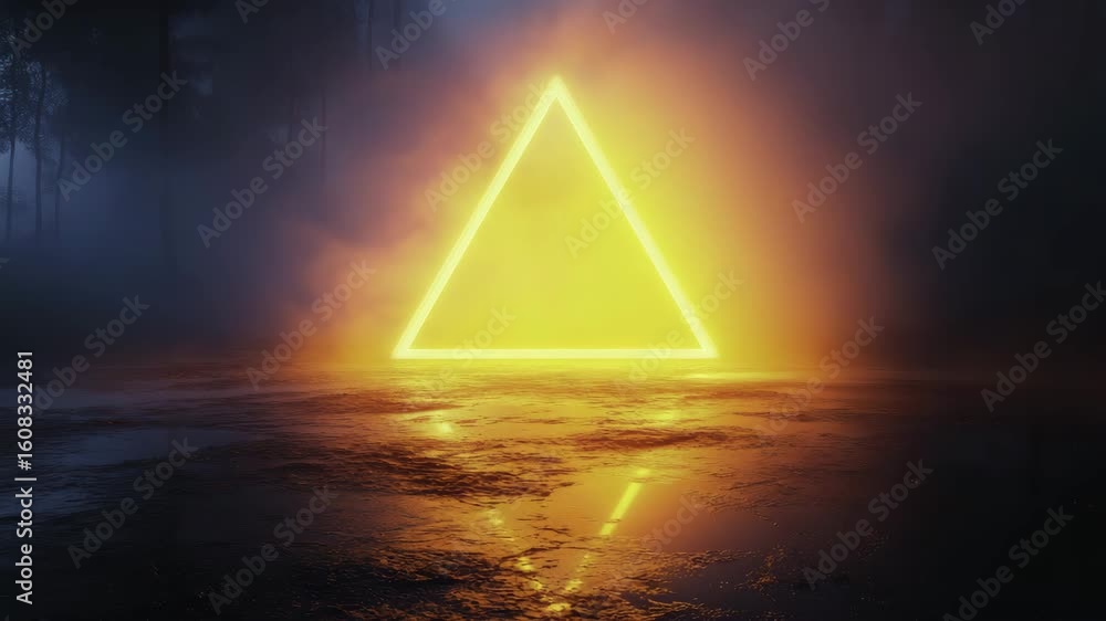 Glowing triangle portal in a dark misty forest with reflective ground creates surreal atmosphere
