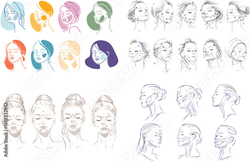 Woman face skincare treatment line art set eps