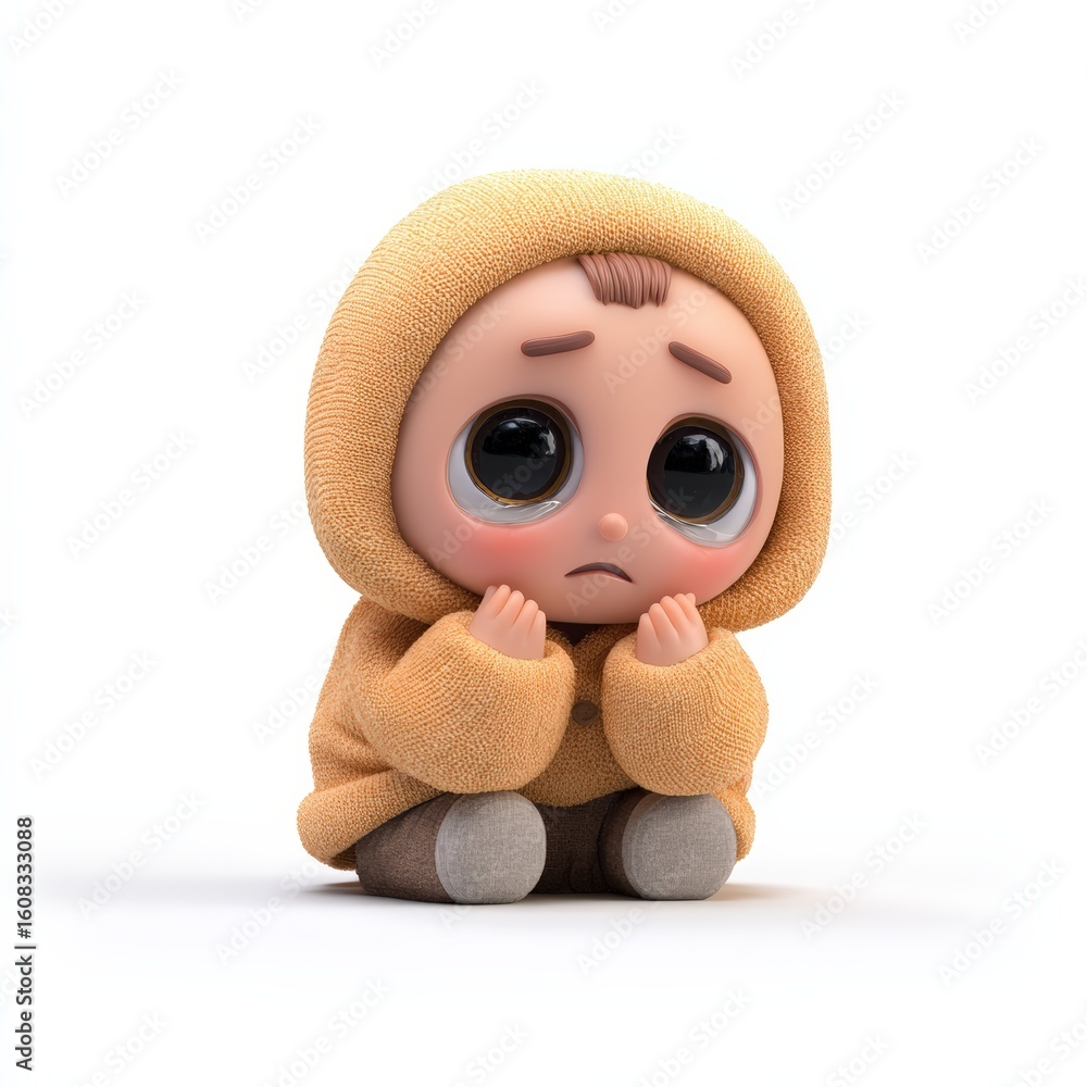 Fototapeta premium Crying cartoon baby with big eyes in a yellow hooded sweater on white