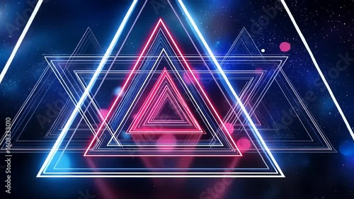 Abstract geometric design featuring layered triangles in vibrant colors against a cosmic background