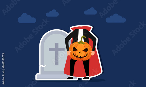 Headless vampire holding a scary faced pumpkin near a tombstone illustration of appreciation for halloween day celebration