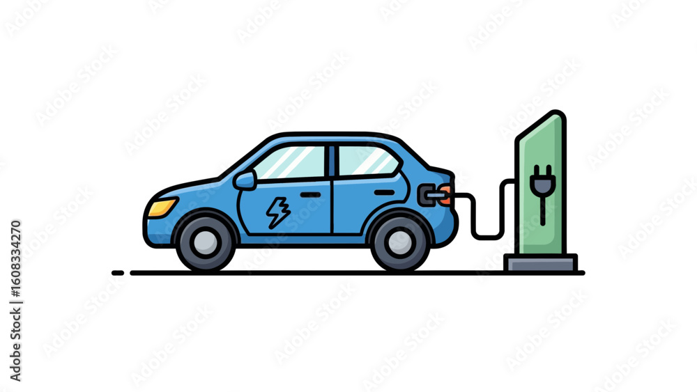 Fototapeta premium A stylized illustration depicting a blue electric car connected to a charging station, ready for power.
