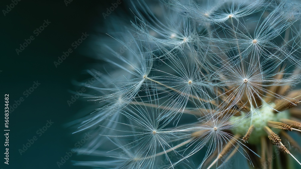 Naklejka premium close-up of an elegant dandelion with delicate structure and intricate seeds in its flower's face, symbolizing growth, freedom, serenity, tranquility, and resilience.