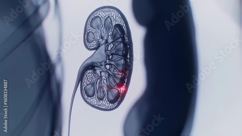 Detailed 3D Animation of Human Kidney Showing Internal Structure and Functionality