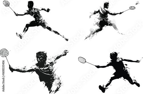 Badminton players in action, black and white art eps