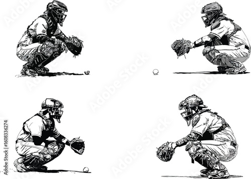 Baseball catcher in gear, monochrome illustration eps
