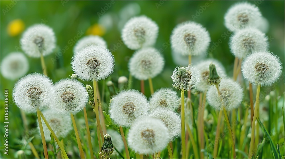 Obraz premium close-up of an elegant dandelion with delicate structure and intricate seeds in its flower's face, symbolizing growth, freedom, serenity, tranquility, and resilience.