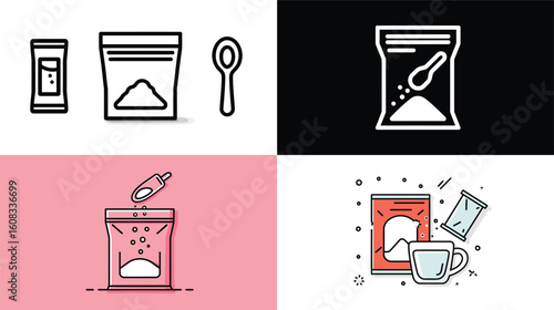 Powdered drink mix icons for beverage preparation eps
