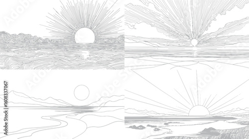 Line art shows a sunrise over the sea eps