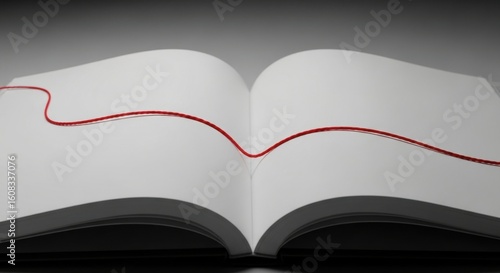 Open book with a red thread connecting the pages symbolizing a story or connection