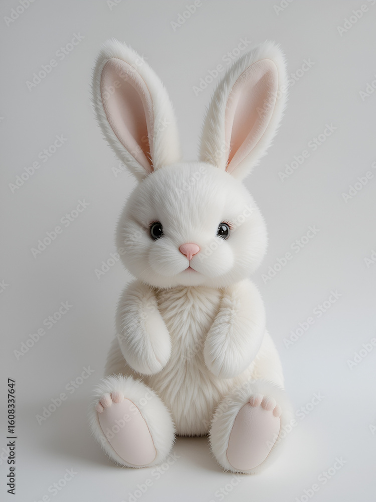 Fototapeta premium Soft white bunny plush toy on white background, cute Easter decoration, toy, soft, bunny