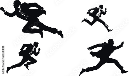 Silhouetted businessmen run and leap forward eps