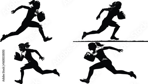 Silhouette of a woman running with a rugby ball eps