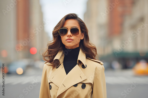 Confident woman crossing city street in trench coat and sunglasses
