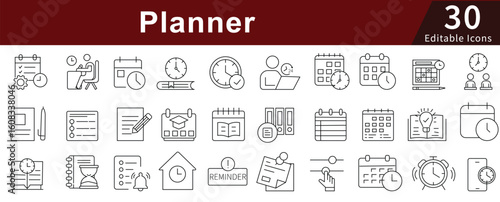 Planner Line Icons Set with Editable Stroke for Calendar, Schedule, Task, and Organization Management