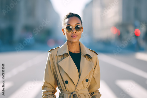 Confident woman crossing city street in trench coat and sunglasses