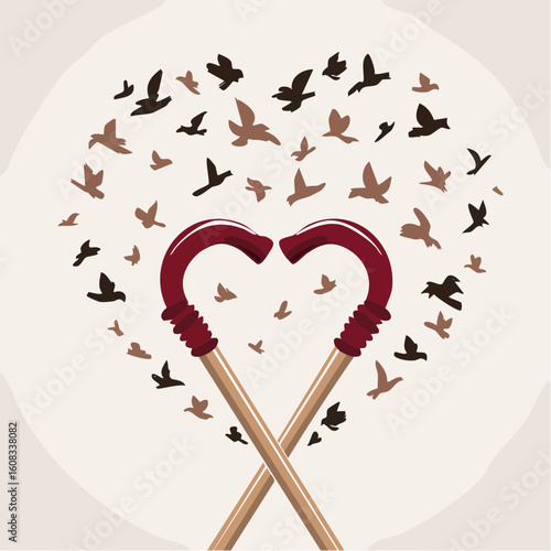Two crossed walking canes form a heart shape, with a flock of birds taking flight around them, symbolizing freedom and companionship.
