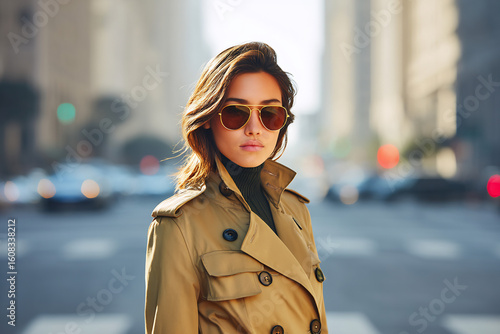 Confident woman crossing city street in trench coat and sunglasses