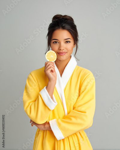 Spa girl in bathrobe holding lemon slices to face